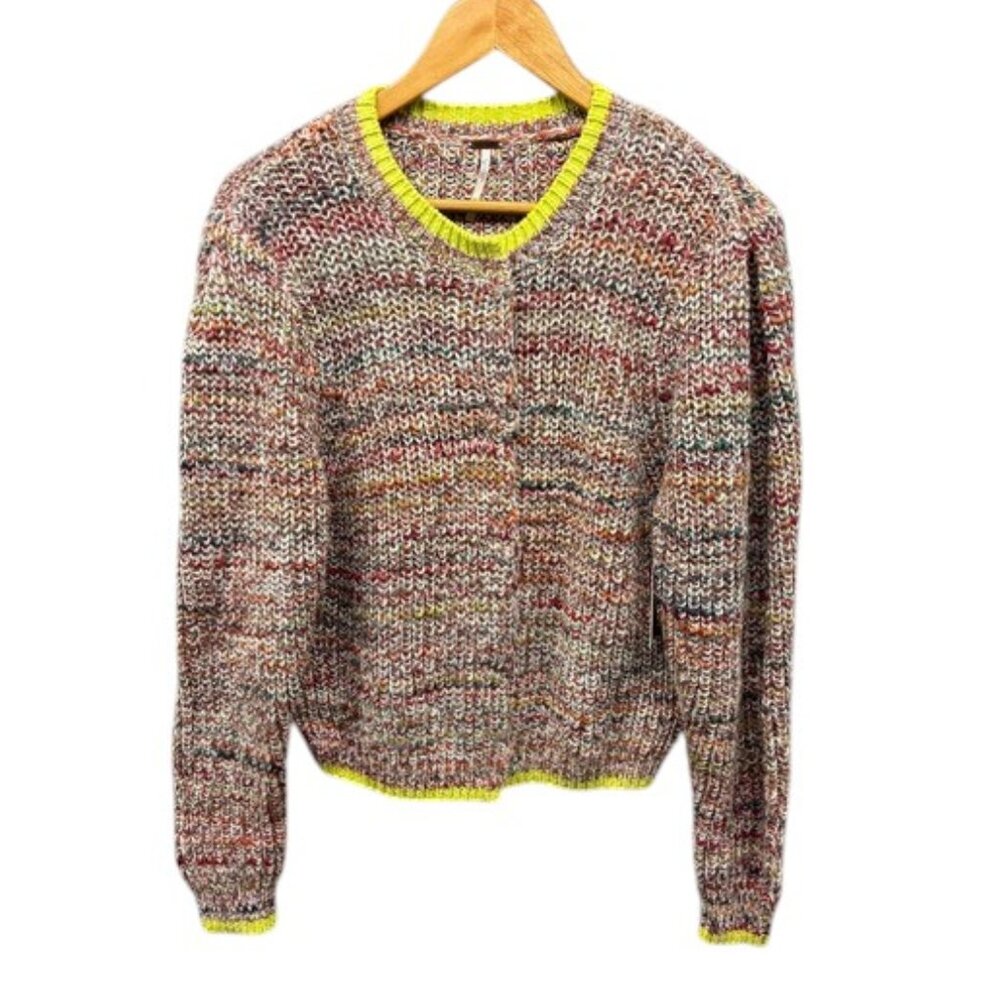 Free People Cardigan Women’s Multi Knit Wool Blend Pullover Neon Trim‎ XS NWT
